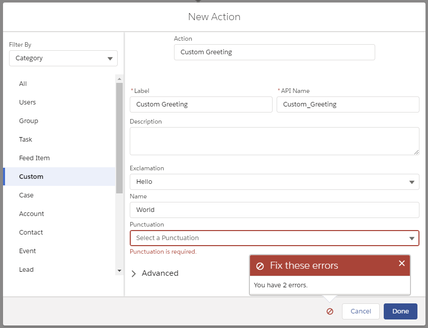 New Action Custom Property Editor with 2 Errors