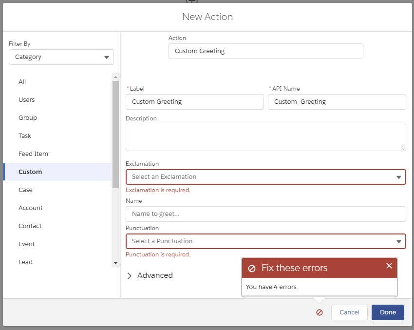 New Action Custom Property Editor With 4 Errors