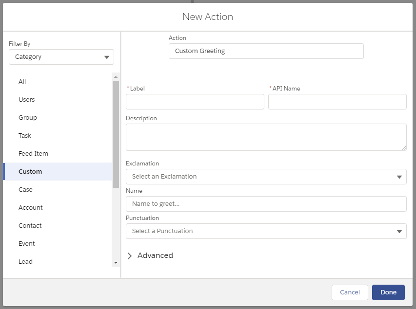 New Action Custom Property Editor