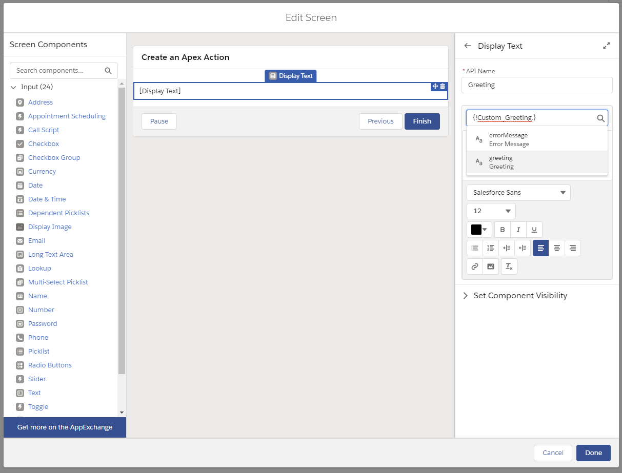 Screen Element Editor with Available Outputs