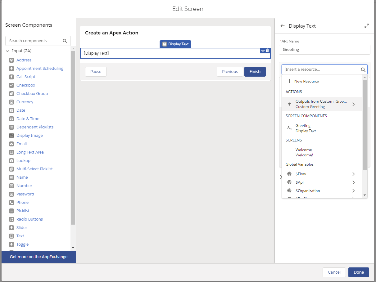 Screen Element Editor with Available Resources